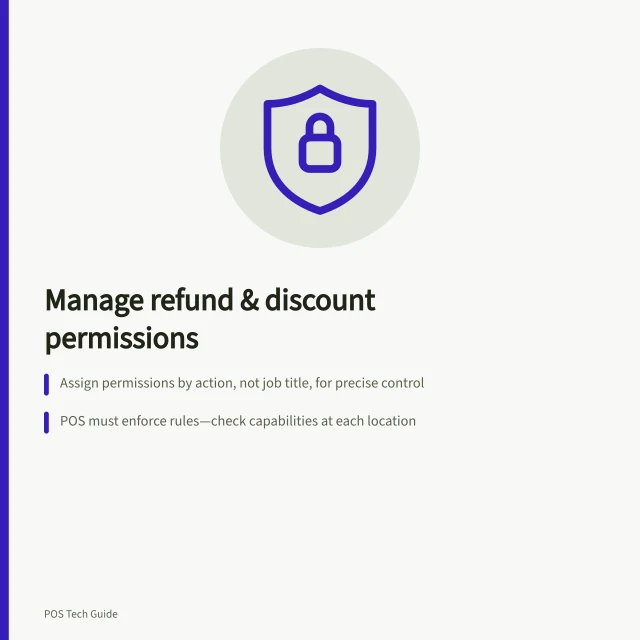 Manage refund & discount permissions: Assign permissions by action, not job title, for precise control; POS must enforce rules—check capabilities at each location; Approver needs both permission and approval for restricted discounts or refunds. Assigning permissions for refunds and discounts