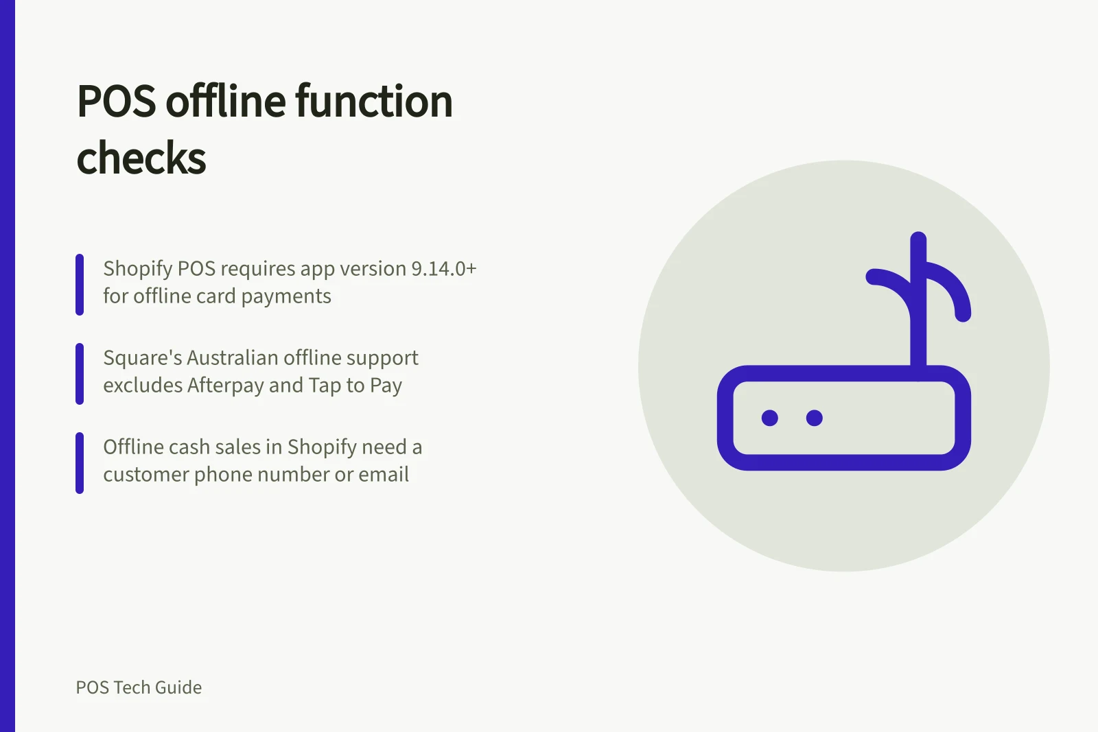 POS offline function checks: Shopify POS requires app version 9.14.0+ for offline card payments; Square's Australian offline support excludes Afterpay and Tap to Pay; Offline cash sales in Shopify need a customer phone number or email