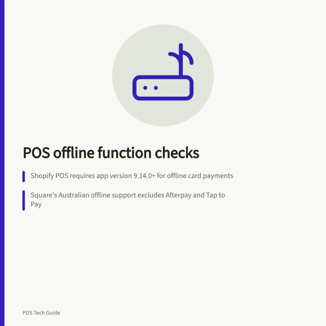 POS offline function checks: Shopify POS requires app version 9.14.0+ for offline card payments; Square's Australian offline support excludes Afterpay and Tap to Pay; Offline cash sales in Shopify need a customer phone number or email. Checking which POS functions work without internet