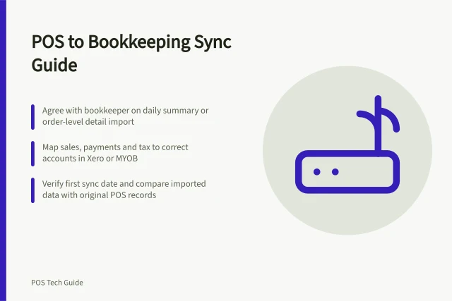 POS to Bookkeeping Sync Guide: Agree with bookkeeper on daily summary or order-level detail import; Map sales, payments and tax to correct accounts in Xero or MYOB; Verify first sync date and compare imported data with original POS records. Connecting POS sales to bookkeeping software