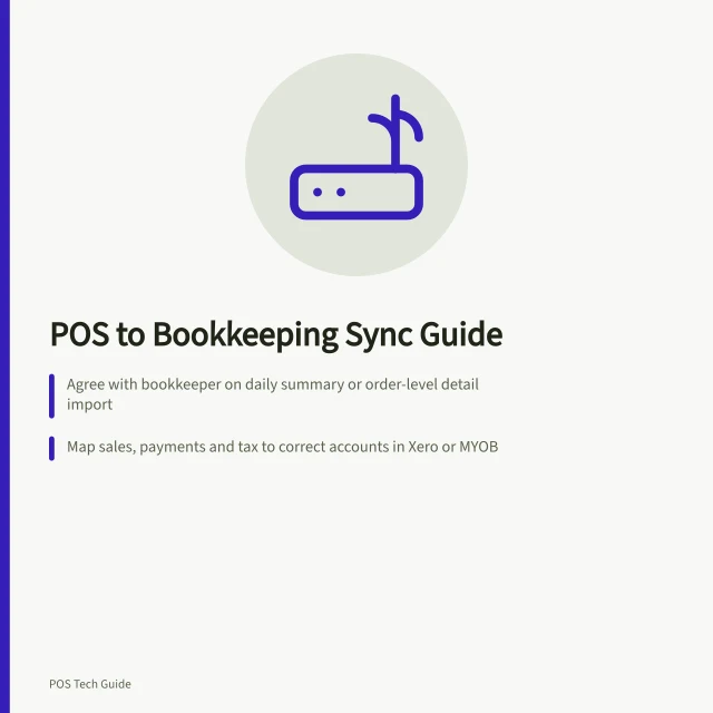 POS to Bookkeeping Sync Guide: Agree with bookkeeper on daily summary or order-level detail import; Map sales, payments and tax to correct accounts in Xero or MYOB; Verify first sync date and compare imported data with original POS records. Connecting POS sales to bookkeeping software