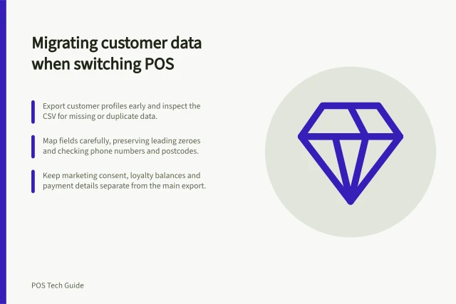 Migrating customer data when switching POS: Export customer profiles early and inspect the CSV for missing or duplicate data.; Map fields carefully, preserving leading zeroes and checking phone numbers and postcodes.; Keep marketing consent, loyalty balances and payment details separate from the main export. Exporting customer records when changing POS providers