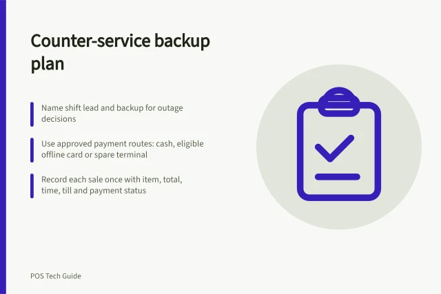 Counter-service backup plan: Name shift lead and backup for outage decisions; Use approved payment routes: cash, eligible offline card or spare terminal; Record each sale once with item, total, time, till and payment status. Keeping a practical counter-service backup plan