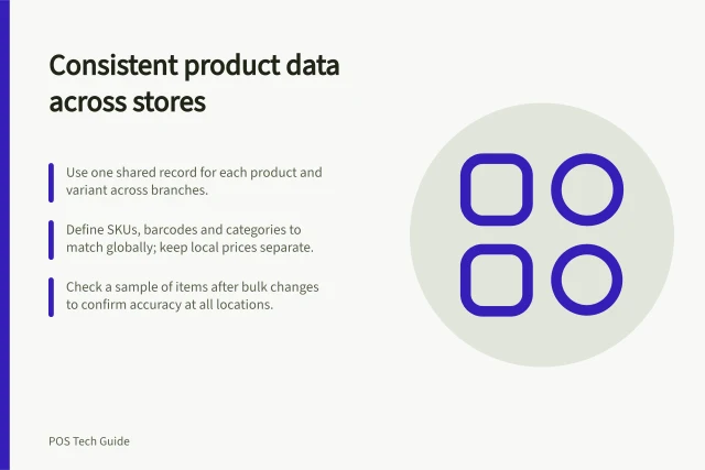 Consistent product data across stores: Use one shared record for each product and variant across branches.; Define SKUs, barcodes and categories to match globally; keep local prices separate.; Check a sample of items after bulk changes to confirm accuracy at all locations. Keeping product data consistent across stores