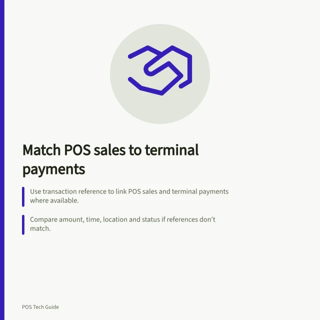 Match POS sales to terminal payments: Use transaction reference to link POS sales and terminal payments where available.; Compare amount, time, location and status if references don’t match.; Check Square Dashboard for payment method, status and date filters. Matching terminal payments to POS sales