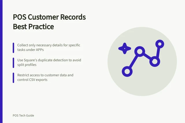 POS Customer Records Best Practice: Collect only necessary details for specific tasks under APPs; Use Square's duplicate detection to avoid split profiles; Restrict access to customer data and control CSV exports. POS customer records