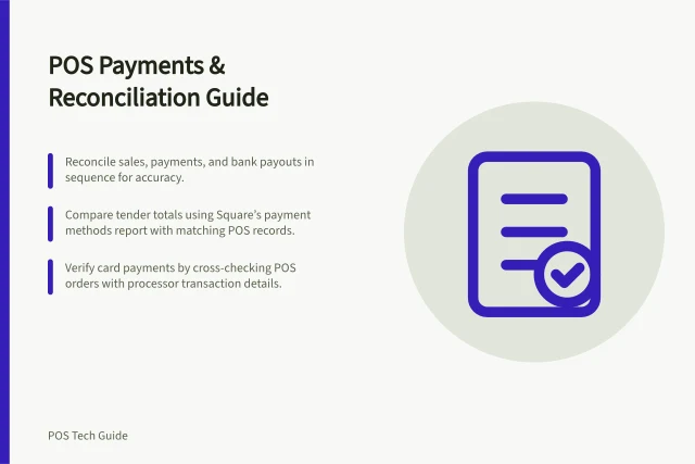 POS Payments & Reconciliation Guide: Reconcile sales, payments, and bank payouts in sequence for accuracy.; Compare tender totals using Square’s payment methods report with matching POS records.; Verify card payments by cross-checking POS orders with processor transaction details. POS payments and reconciliation