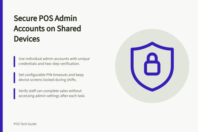 Secure POS Admin Accounts on Shared Devices: Use individual admin accounts with unique credentials and two-step verification.; Set configurable PIN timeouts and keep device screens locked during shifts.; Verify staff can complete sales without accessing admin settings after each task. Protecting administrator accounts on shared counter devices