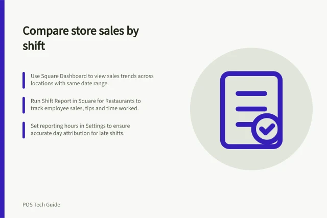 Compare store sales by shift: Use Square Dashboard to view sales trends across locations with same date range.; Run Shift Report in Square for Restaurants to track employee sales, tips and time worked.; Set reporting hours in Settings to ensure accurate day attribution for late shifts. Reading Square sales reports by store and shift