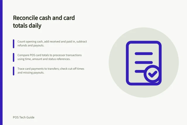 Reconcile cash and card totals daily: Count opening cash, add received and paid in, subtract refunds and payouts.; Compare POS card totals to processor transactions using time, amount and status references.; Trace card payments to transfers; check cut-off times and missing payouts. Reconciling end-of-day cash and card totals