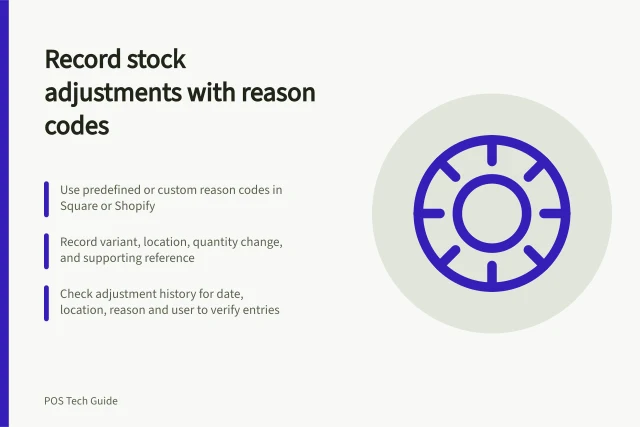 Record stock adjustments with reason codes: Use predefined or custom reason codes in Square or Shopify; Record variant, location, quantity change, and supporting reference; Check adjustment history for date, location, reason and user to verify entries. Recording stock adjustments with a reason code