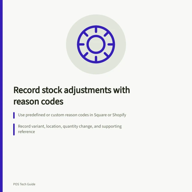 Record stock adjustments with reason codes: Use predefined or custom reason codes in Square or Shopify; Record variant, location, quantity change, and supporting reference; Check adjustment history for date, location, reason and user to verify entries. Recording stock adjustments with a reason code