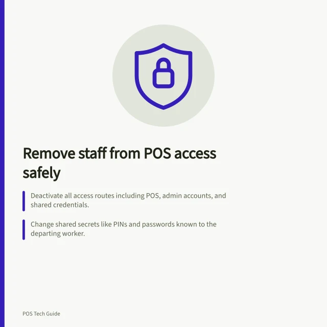 Remove staff from POS access safely: Deactivate all access routes including POS, admin accounts, and shared credentials.; Change shared secrets like PINs and passwords known to the departing worker.; Verify closure in POS, admin area, and all connected services with an authorised reviewer. Removing former staff from POS access
