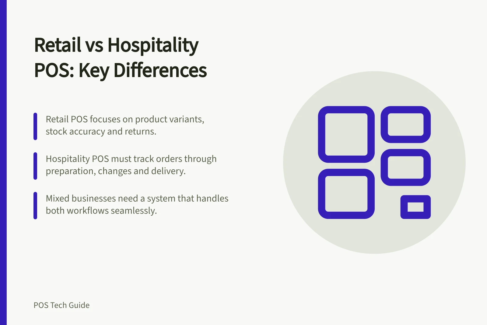 Retail vs Hospitality POS: Key Differences: Retail POS focuses on product variants, stock accuracy and returns.; Hospitality POS must track orders through preparation, changes and delivery.; Mixed businesses need a system that handles both workflows seamlessly.