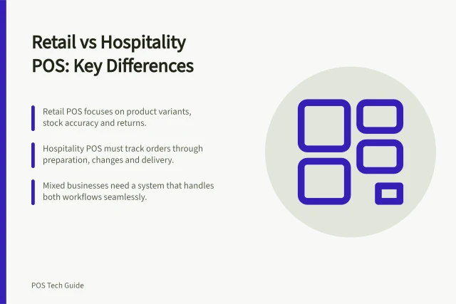 Retail vs Hospitality POS: Key Differences: Retail POS focuses on product variants, stock accuracy and returns.; Hospitality POS must track orders through preparation, changes and delivery.; Mixed businesses need a system that handles both workflows seamlessly. Retail POS versus hospitality POS