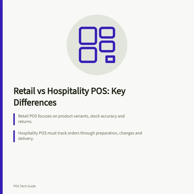 Retail vs Hospitality POS: Key Differences: Retail POS focuses on product variants, stock accuracy and returns.; Hospitality POS must track orders through preparation, changes and delivery.; Mixed businesses need a system that handles both workflows seamlessly. Retail POS versus hospitality POS