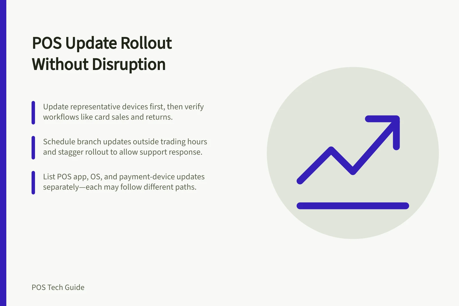 POS Update Rollout Without Disruption: Update representative devices first, then verify workflows like card sales and returns.; Schedule branch updates outside trading hours and stagger rollout to allow support response.; List POS app, OS, and payment-device updates separately—each may follow different paths.