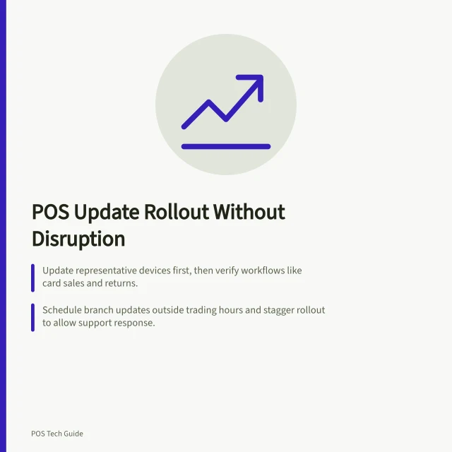 POS Update Rollout Without Disruption: Update representative devices first, then verify workflows like card sales and returns.; Schedule branch updates outside trading hours and stagger rollout to allow support response.; List POS app, OS, and payment-device updates separately—each may follow different paths. Rolling out a POS update without disrupting every branch