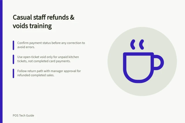 Casual staff refunds & voids training: Confirm payment status before any correction to avoid errors.; Use open-ticket void only for unpaid kitchen tickets, not completed card payments.; Follow return path with manager approval for refunded completed sales. Training casual staff on refunds and voids