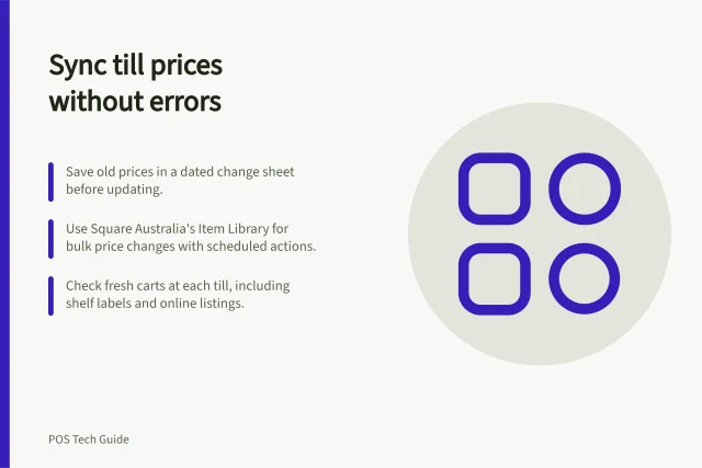 Sync till prices without errors: Save old prices in a dated change sheet before updating.; Use Square Australia's Item Library for bulk price changes with scheduled actions.; Check fresh carts at each till, including shelf labels and online listings. Updating prices across tills without inconsistencies