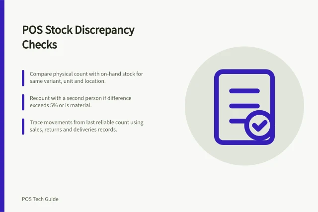 POS Stock Discrepancy Checks: Compare physical count with on-hand stock for same variant, unit and location.; Recount with a second person if difference exceeds 5% or is material.; Trace movements from last reliable count using sales, returns and deliveries records. Using a POS to identify stock discrepancies