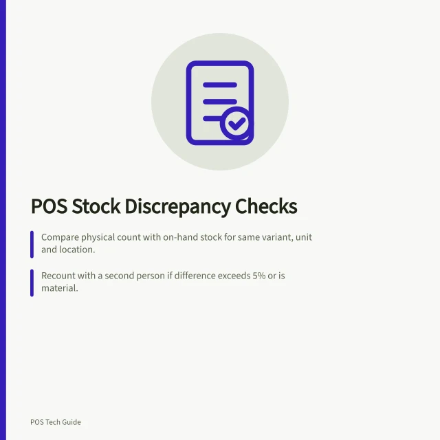 POS Stock Discrepancy Checks: Compare physical count with on-hand stock for same variant, unit and location.; Recount with a second person if difference exceeds 5% or is material.; Trace movements from last reliable count using sales, returns and deliveries records. Using a POS to identify stock discrepancies